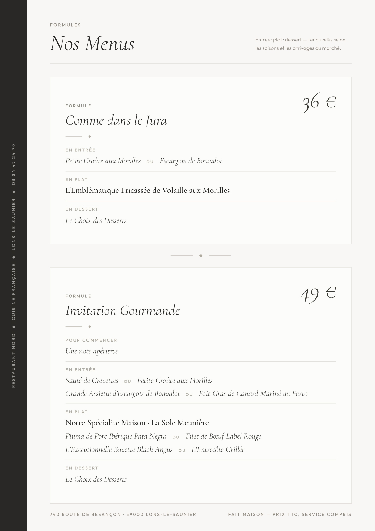 Carte des menus du Restaurant Nord — formules entrée, plat, dessert